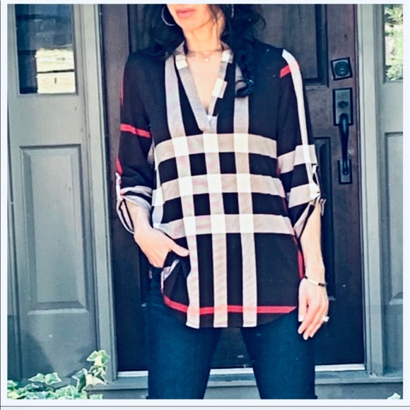 Tops - ✨LAST ONE ✨Brown plaid mandarin collar tunic